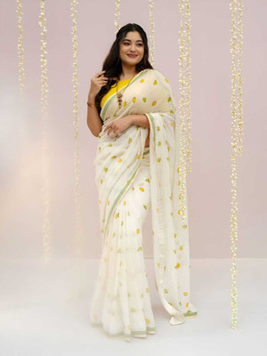 Kiaaa Printed, Floral Print Daily Wear Linen Saree(White)