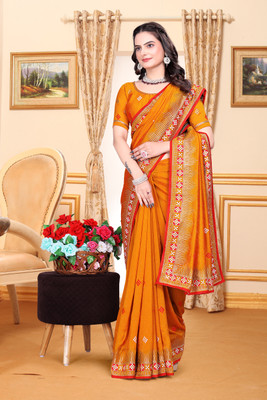 KHRITI FAB Embroidered Bollywood Silk Blend Saree(Orange)