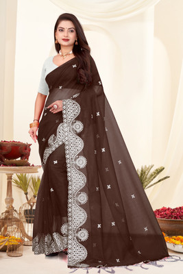 AMAR CREATION Embroidered Bollywood Supernet Saree(Brown)