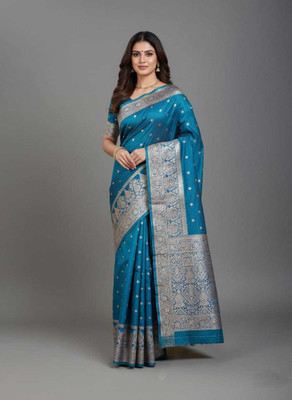 HOUSEOFDREAM Woven, Self Design, Solid/Plain, Embellished Banarasi Satin Saree(Blue)