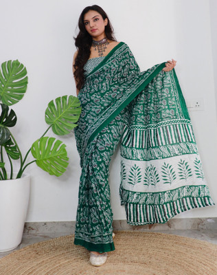 SIRIL Geometric Print, Printed Ikkat Cotton Blend Saree(Green, Multicolor)