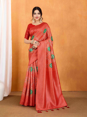 Doroly Digital Print Bandhani Cotton Silk Saree(Red)