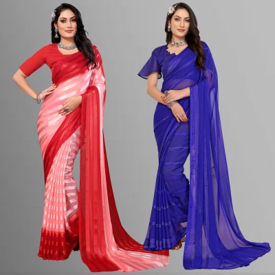 Anand Sarees Embellished, Ombre, Striped Bollywood Satin Saree(Pack of 2, Pink, Red, Blue)