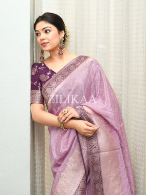 ekadanta Woven, Self Design Banarasi Silk Blend Saree(Purple)