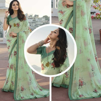 Puretouch Floral Print Daily Wear Georgette, Chiffon Saree(Light Green)