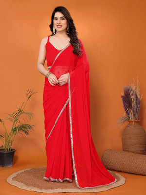 FABMORA Embellished, Solid/Plain Bollywood Georgette Saree(Red)