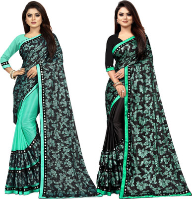 DECOFIN Embellished Bollywood Lycra Blend Saree(Pack of 2, Light Blue, Green)