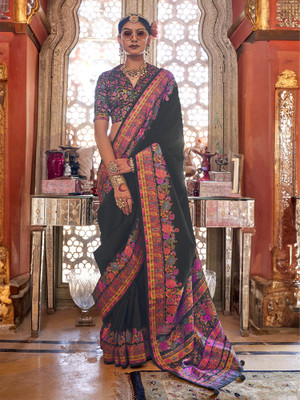 Elora Floral Print Saree with Attached Blouse Silk Blend Saree(Black)