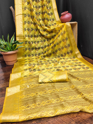 BAJRANG CREATION Printed Bandhani Linen, Cotton Blend Saree(Yellow)