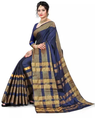 Soor Panchi Solid/Plain Maheshwari Cotton Silk Saree(Dark Blue)