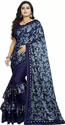 VIVIATRENDZ Printed Bollywood Lycra Blend Saree(Dark Blue)