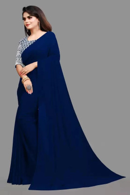 HouseOfCommon Solid/Plain Bollywood Georgette Saree(Dark Blue)