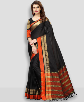 VJ FASHION Solid/Plain Bollywood Cotton Silk Saree(Black)