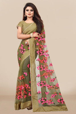 swara fashion Embroidered Bollywood Net Saree(Dark Green)