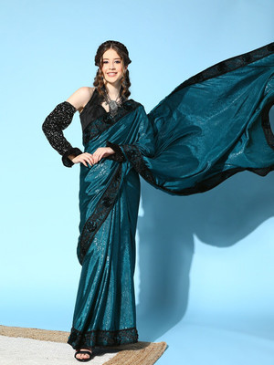 Divastri Embroidered, Printed Bollywood Dupion Silk Saree(Light Blue)