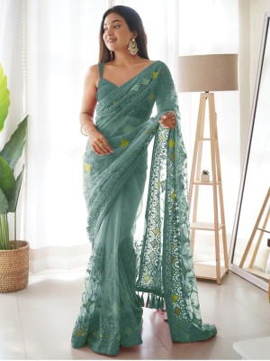 ANOUK Embroidered Daily Wear Net Saree(Pack of 2, Green)