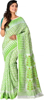 crochetin Woven Jamdani Cotton Blend Saree(White, Green)