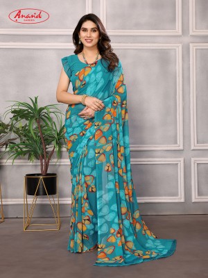 Anand Sarees Printed Bollywood Chiffon Saree(Light Blue, Beige)