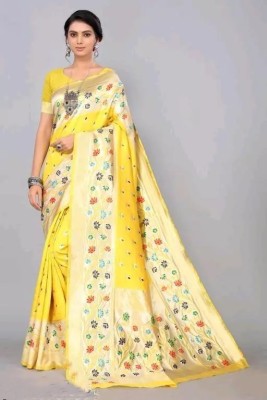 ISARA Floral Print Banarasi Silk Blend Saree(Yellow)