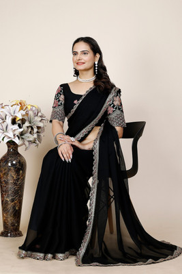 SAADHYA CREATION Embroidered, Solid/Plain Bollywood Chiffon Saree(Black)