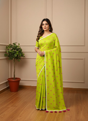 BRYNBRIT Printed Assam Silk Art Silk Saree(Light Green)