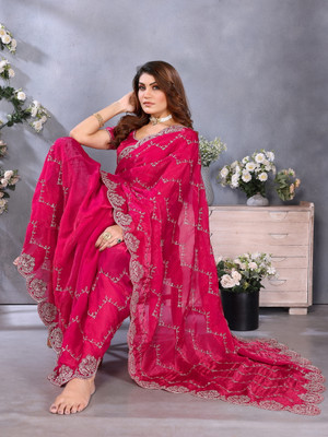 Shubh Mangalam Creation Self Design Embroidery Chiffon Chiffon Saree(Pink)