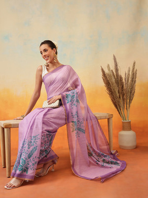 SILK ZONE Digital Print Pre Draped Saree Cotton Blend Saree(Purple)