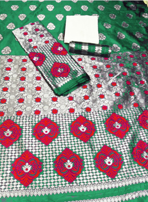 VIHA CREATION Printed Mekhela Chador Silk Blend Saree(Green)