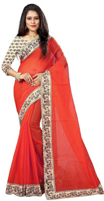 ROOP SUNDARI SAREES Dyed, Solid/Plain Chanderi Cotton Blend Saree(Red)