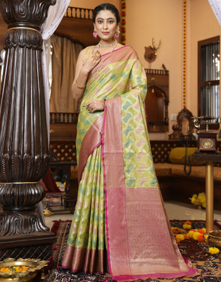 Samah Woven, Embellished, Self Design Kanjivaram Cotton Silk Saree(Pack of 2, Light Green)