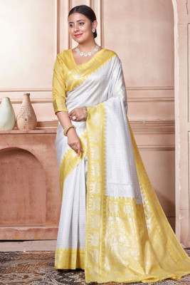 ROOP LAVANYA Woven Kanjivaram Jacquard, Art Silk Saree(White, Yellow)