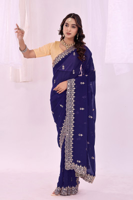 Suali Embroidered Saree with Attached Blouse Georgette Saree(Dark Blue)