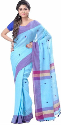 AjoyDas Self Design Handloom Pure Cotton Saree(Light Blue)