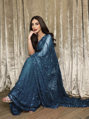 Sareemall Embellished Bollywood Georgette Saree(Dark Blue)