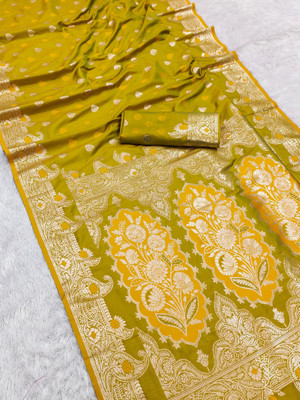 Bansari Textiles Embroidered Banarasi Silk Blend Saree(Light Green)