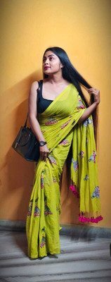 JHILUU Embroidered Handloom Pure Cotton Saree(Light Green)