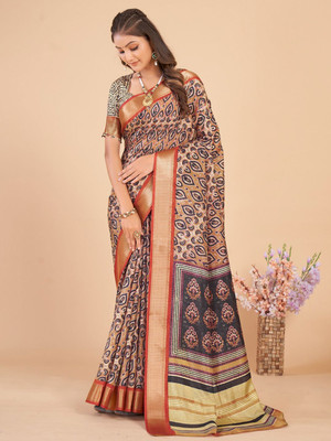 Anouk Rustic Printed Chinnalapattu Silk Blend Saree(Beige)