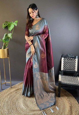 all about you Woven Paithani Silk Blend Saree(Grey)