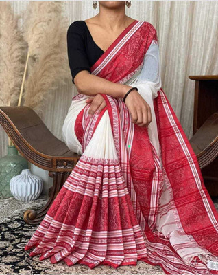 Tanisha Saree House Woven Handloom Pure Cotton Saree(Red, White)