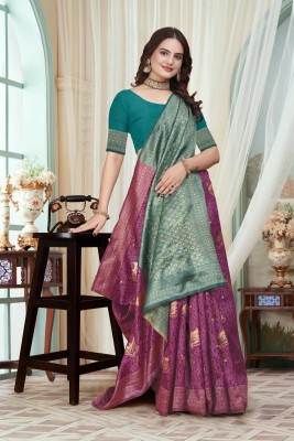 QMQ Embellished Banarasi Jacquard, Cotton Silk Saree(Green)