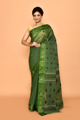 puku Woven Handloom Pure Cotton Saree(Green)