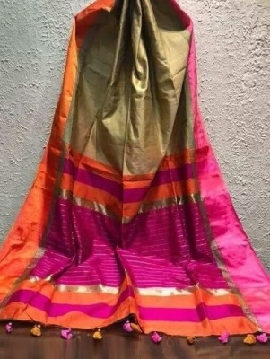 chhanda handloom sarees Printed Maheshwari Handloom Cotton Blend Saree(Gold, Pink)