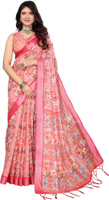 Priyashi Printed, Floral Print Mysore Cotton Silk Saree(Pink)