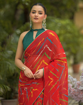 Samah Printed Bandhani Georgette, Chiffon Saree(Red, Multicolor)