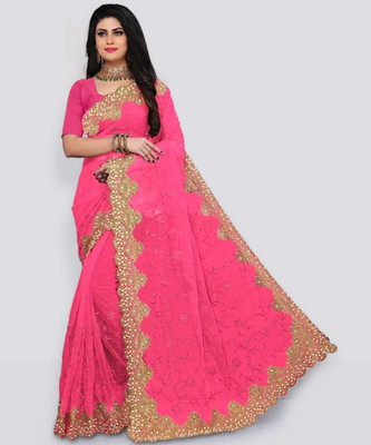 SkyFlock Embellished Bollywood Net Saree(Pink)