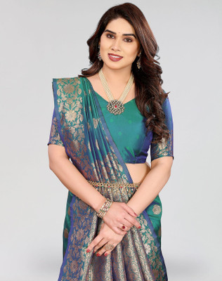 ANIRAV Self Design Banarasi Cotton Silk Saree(Blue)