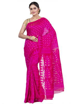 DipDiya Self Design, Temple Border, Woven Jamdani Cotton Linen Saree(Pink)