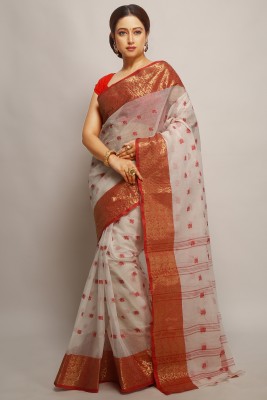 WoodenTant Woven Tant Pure Cotton Saree(White, Red)