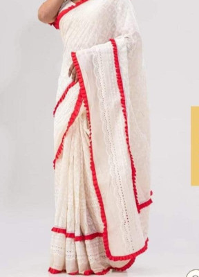 ABC Self Design Lucknow Chikankari Pure Cotton Saree(White)