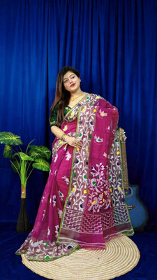 Lakshmi Boutique Animal Print Jamdani Cotton Silk Saree(Magenta, White)